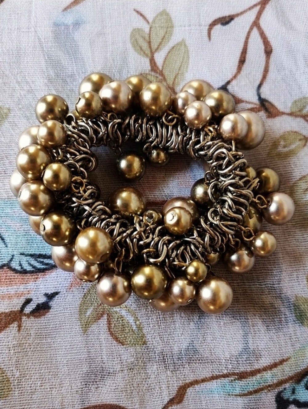 Heavy Gold Tone Champagne Glass Faux Pearls Stretch Vintage Cha Cha Bracelet